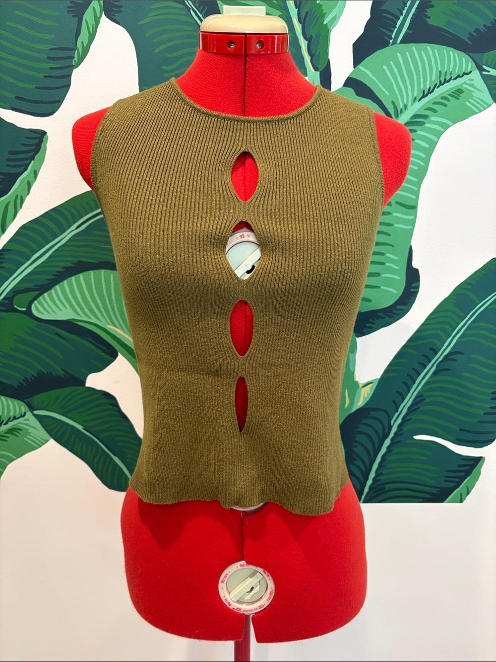 Sleeveless Olive Cutout Rib-Knit Top